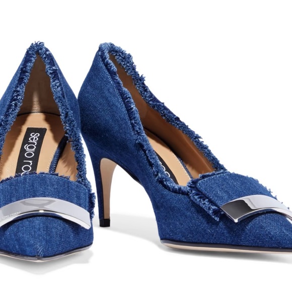 Sergio Rossi frayed denim pumps 40 9.40 3” heel heels pump jeans silver metal - Picture 3 of 9